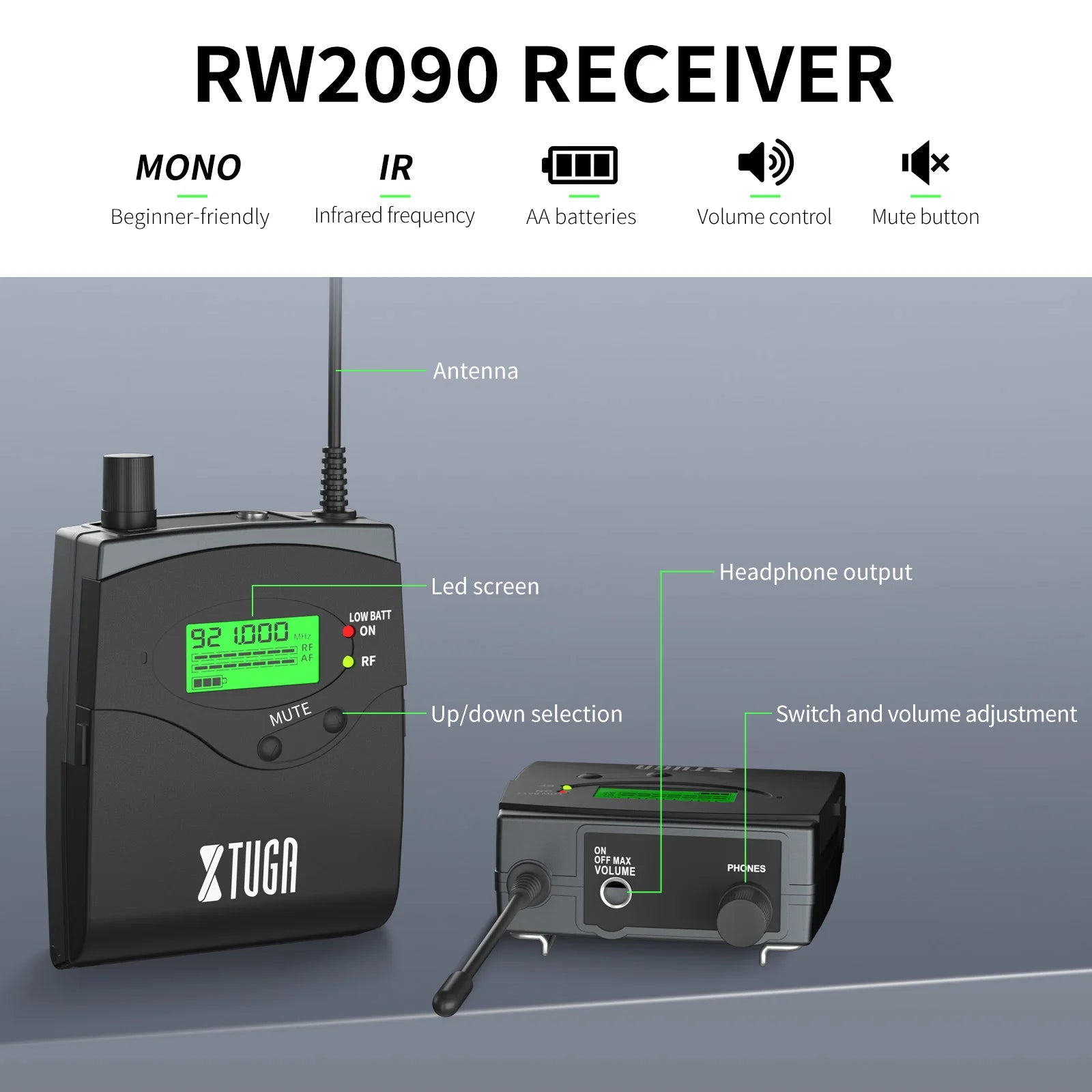 XTUGA RW2090 Wireless in Ear Monitor System Mono IEM Monitoring Dual Channel 230ftOperation Bluetooth Earphone Stage Studio Band