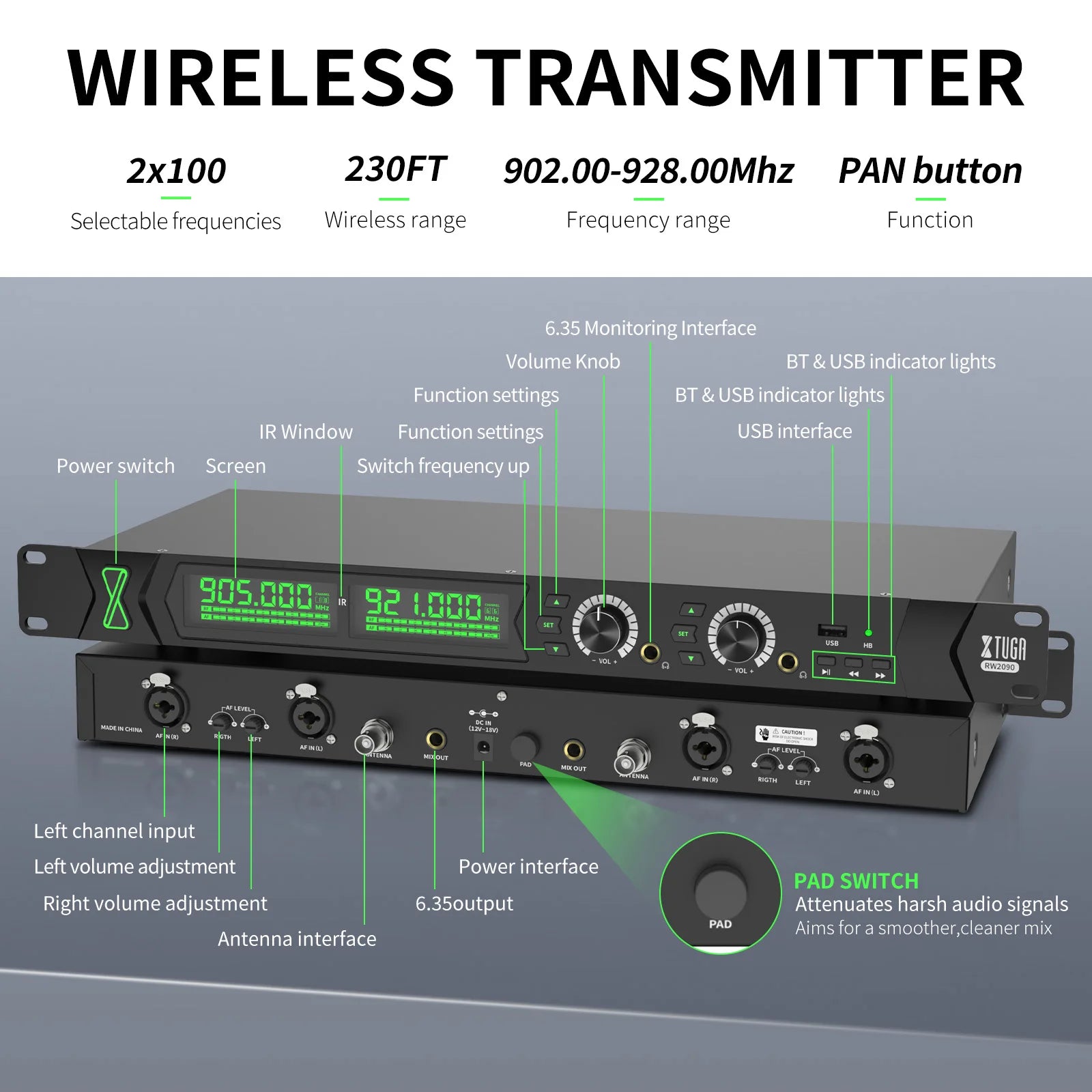 XTUGA RW2090 Wireless in Ear Monitor System Mono IEM Monitoring Dual Channel 230ftOperation Bluetooth Earphone Stage Studio Band