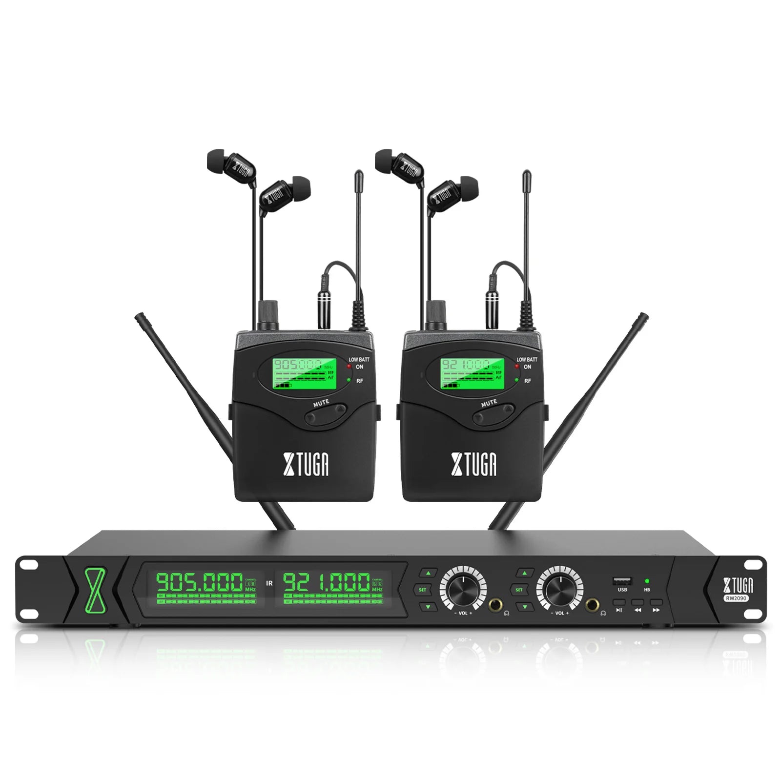 XTUGA RW2090 Wireless in Ear Monitor System Mono IEM Monitoring Dual Channel 230ftOperation Bluetooth Earphone Stage Studio Band