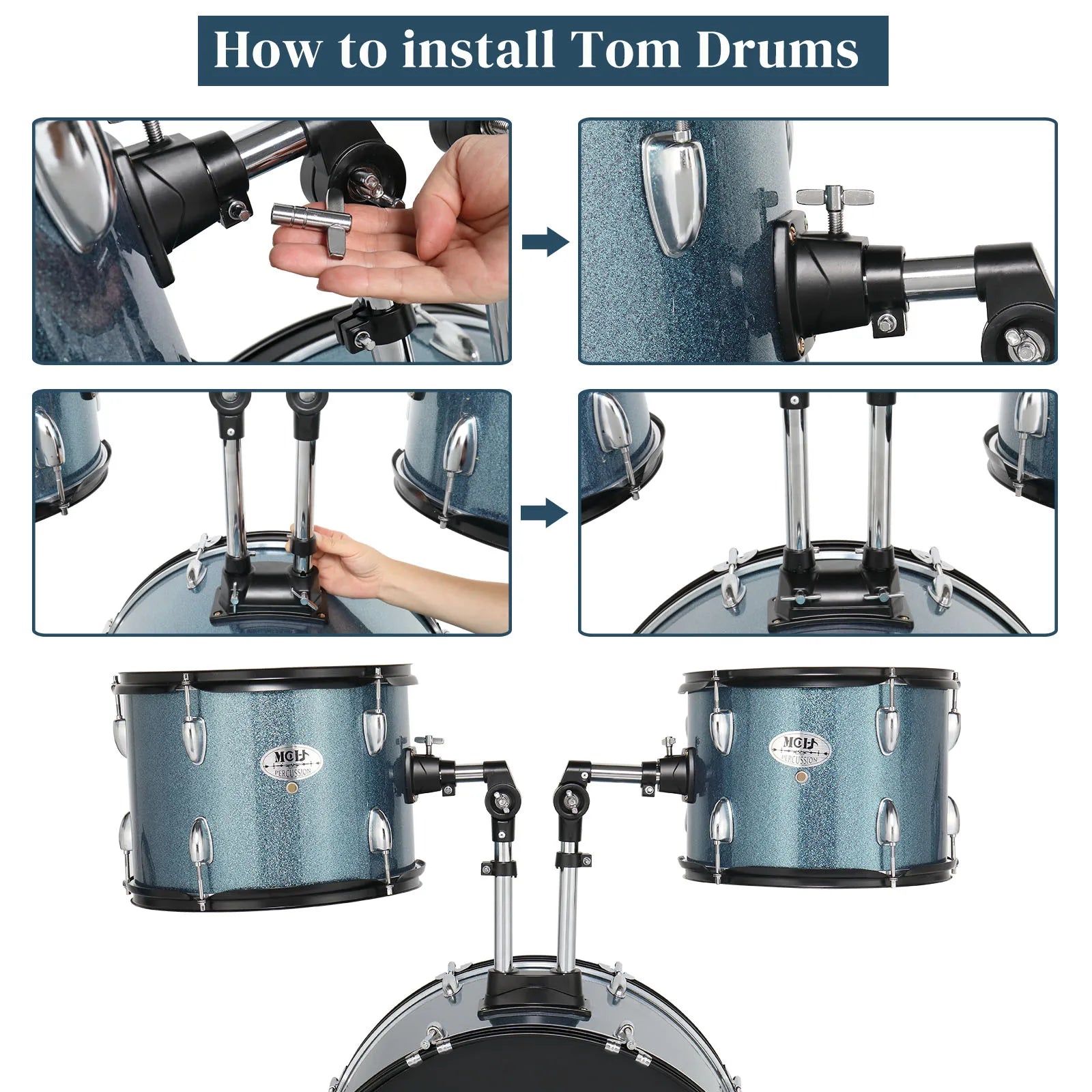 Full Size Adult Drum Set 5-Piece Black with Bass Drum, two Tom Drum, Snare Drum, Floor Tom, 16" Ride Cymbal, 14" Hi-hat Cymbals