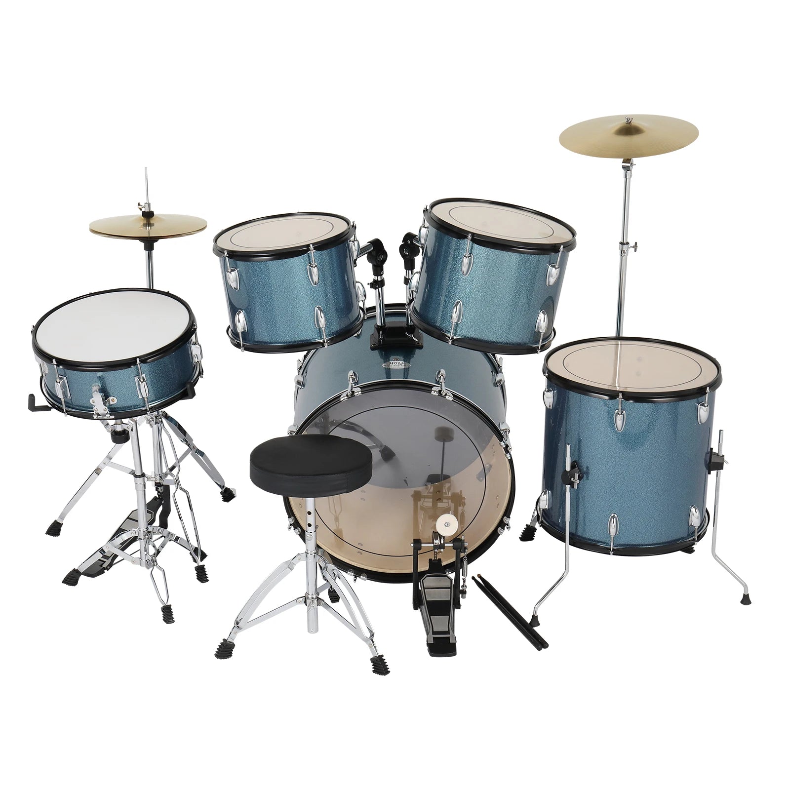 Full Size Adult Drum Set 5-Piece Black with Bass Drum, two Tom Drum, Snare Drum, Floor Tom, 16" Ride Cymbal, 14" Hi-hat Cymbals