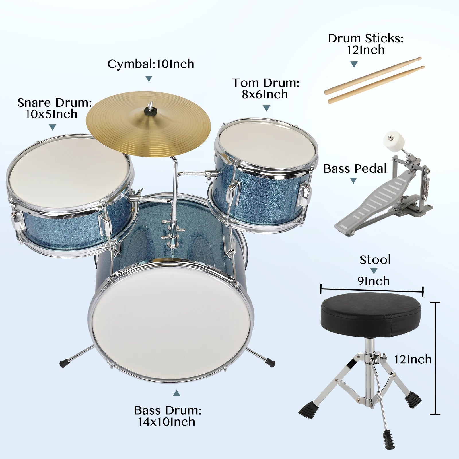 14"x10" 3-Pieces Junior Kids Drum Set Kit With Pedal, Drum Stick, Wrench and Drum Stool