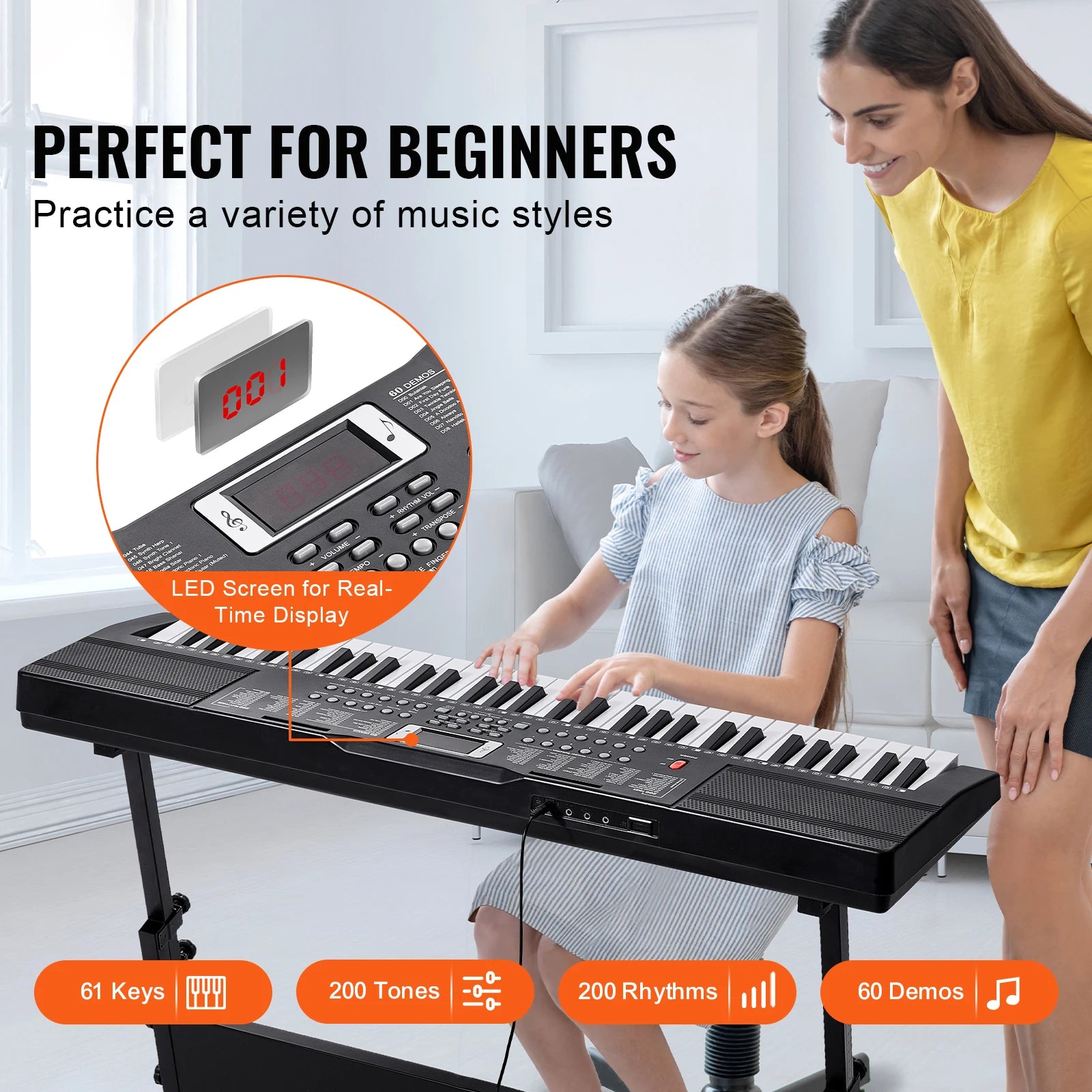 SucceBuy 61 Key Digital Keyboard Piano Electric Portable Piano 200 Tones 200 Rhythms or 600 Tones 500 Rhythms for Beginner Use