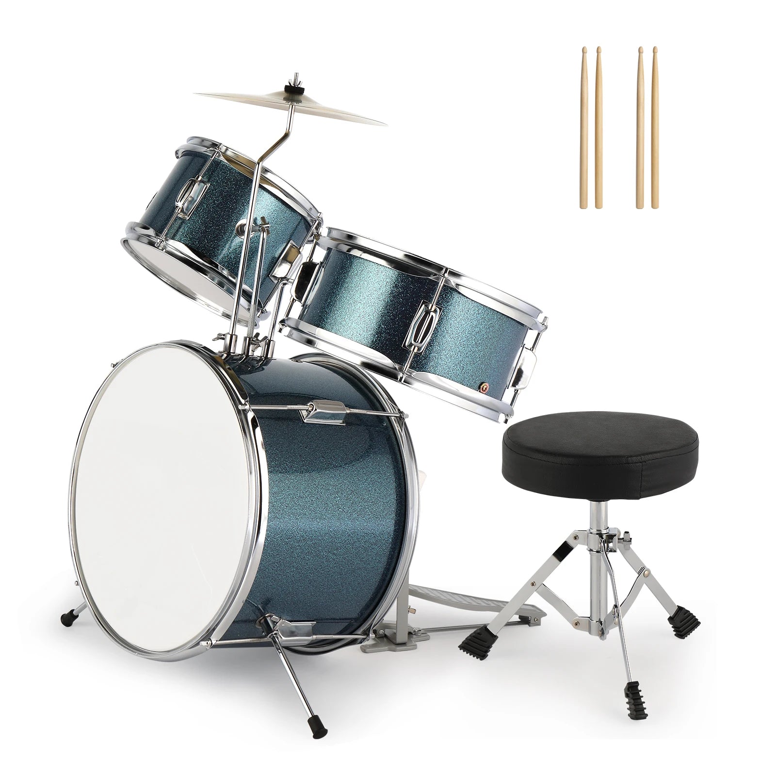 14"x10" 3-Pieces Junior Kids Drum Set Kit With Pedal, Drum Stick, Wrench and Drum Stool