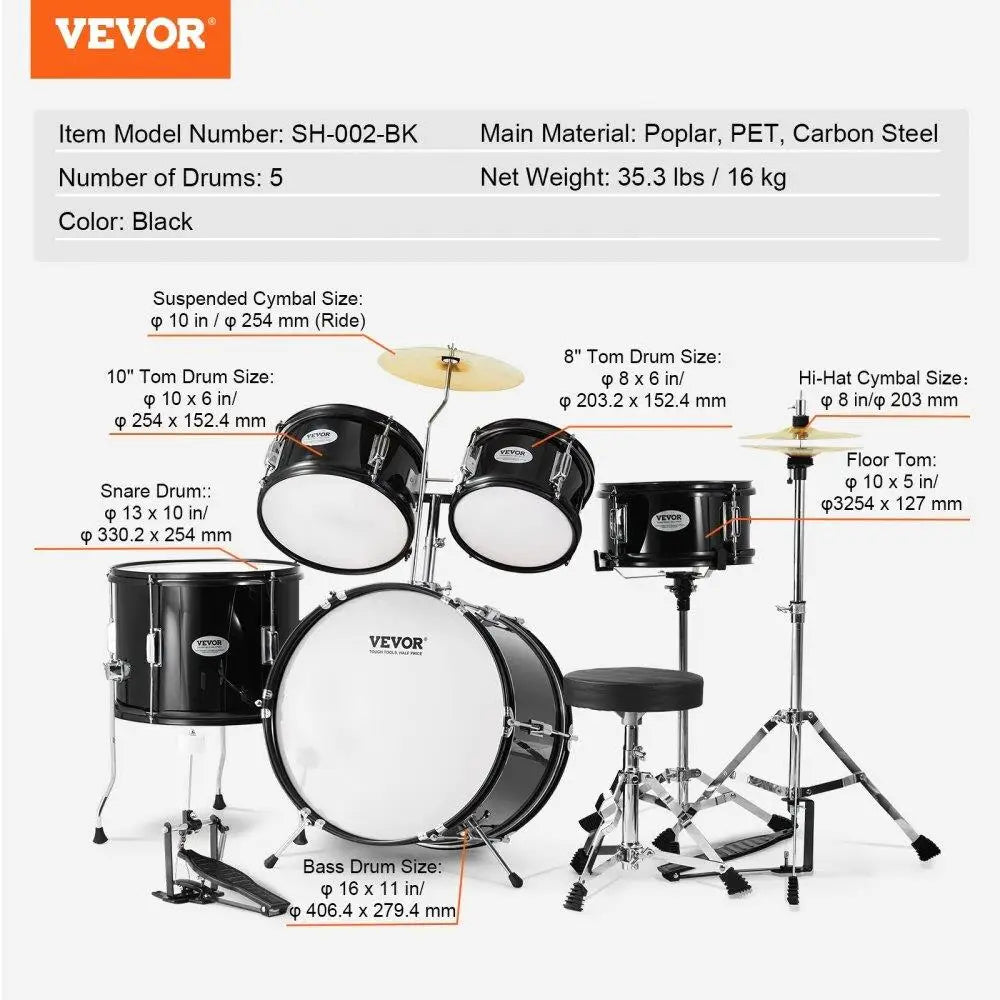 5-Piece Kids Drum Set, 16 Beginner Kit with Bass,, Snare, Cymbal & Hi-Hat, Adjustable Throne, Pedal & Sticks - Black